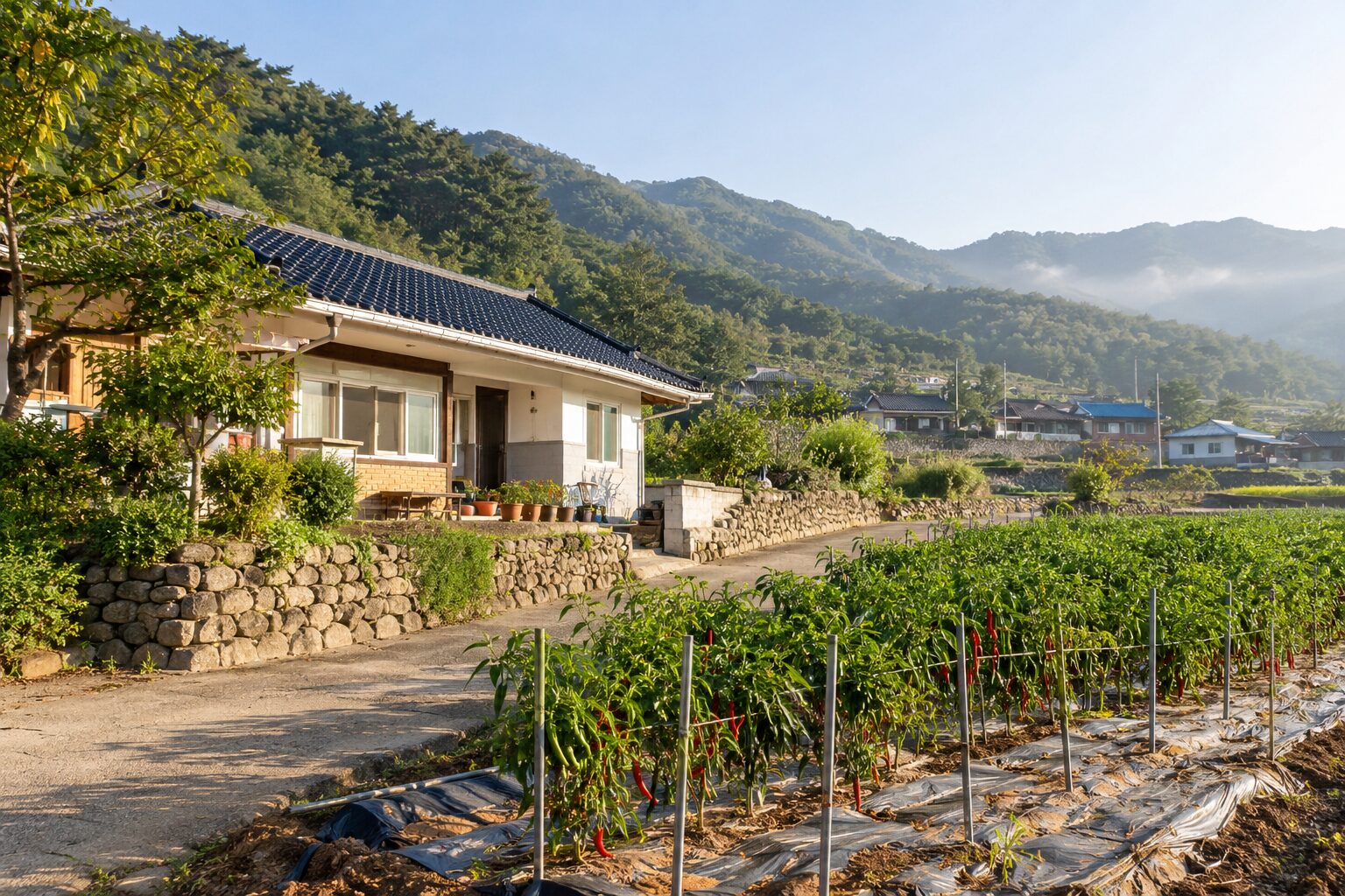 농지 가까이에 있는 시골 주택